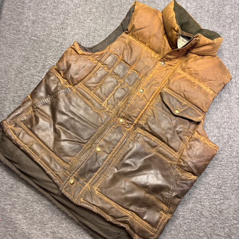 Filson Leather Down Cruiser Vest Mens Medium Brown Waxed Goose Down Western